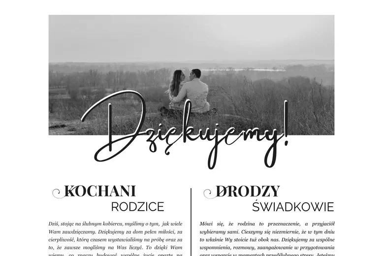 Sekcja „Podziękowania”: duże zdjęcie pary na tle zachodzącego słońca z odręcznym napisem „Dziękujemy!”, a pod nim dwie kolumny podziękowań - dla rodziców i dla świadków