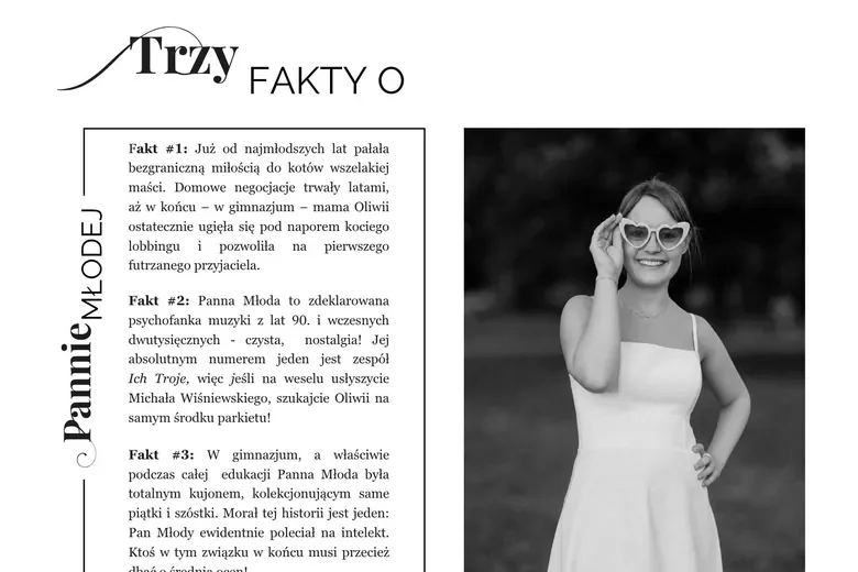 Sekcja „Trzy fakty o Pannie Młodej”: trzy krótkie ciekawostki obok zdjęcia panny młodej
